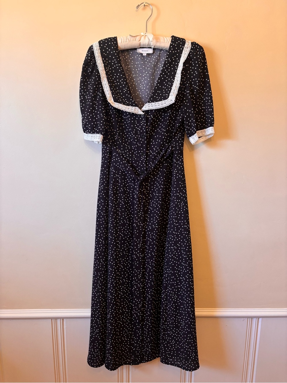 RIHOAS Black Polka Dot Maxi Dress with White Trim